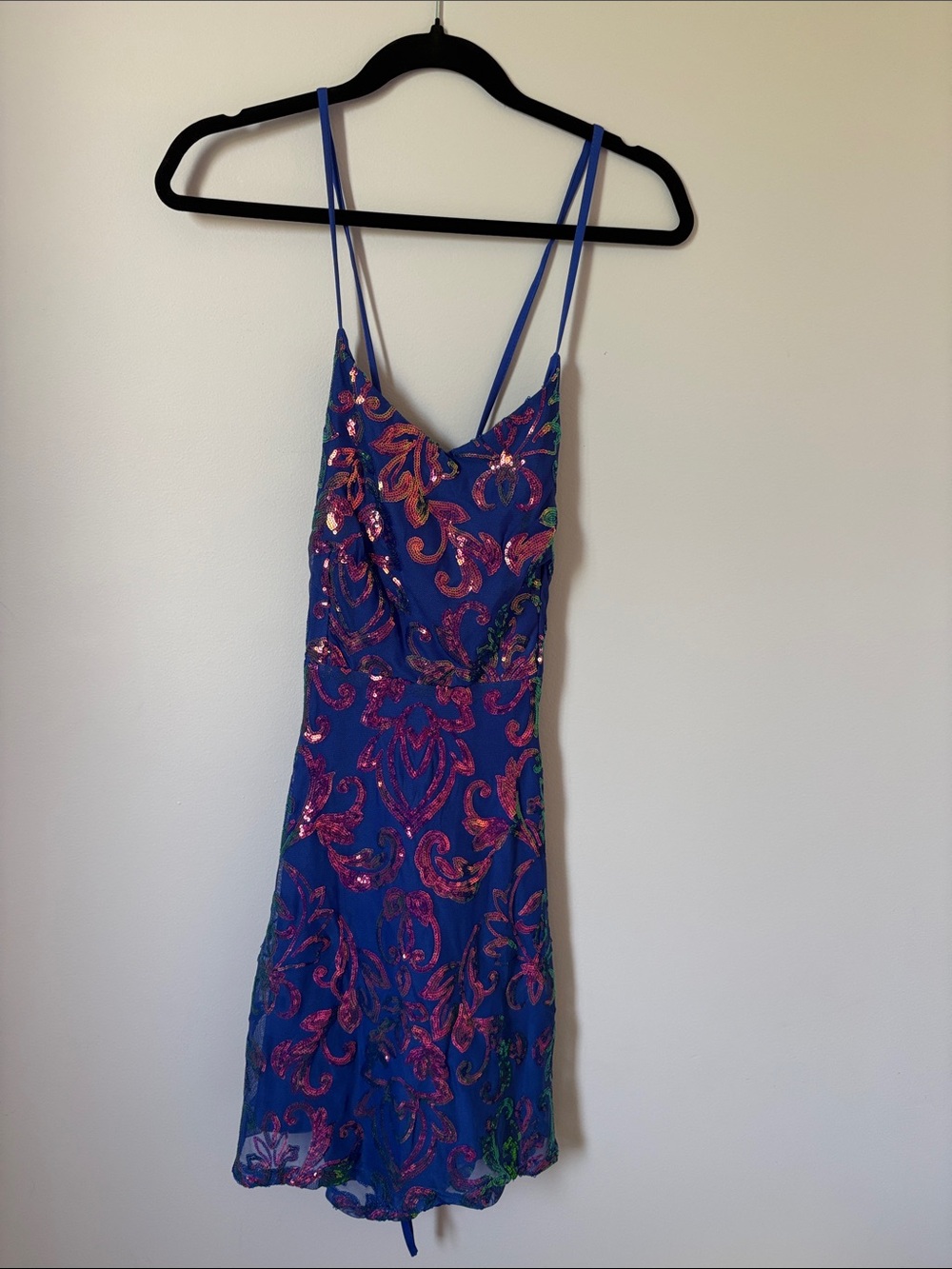 Blue Sequin Slip Dress with Pink Paisley Accents
